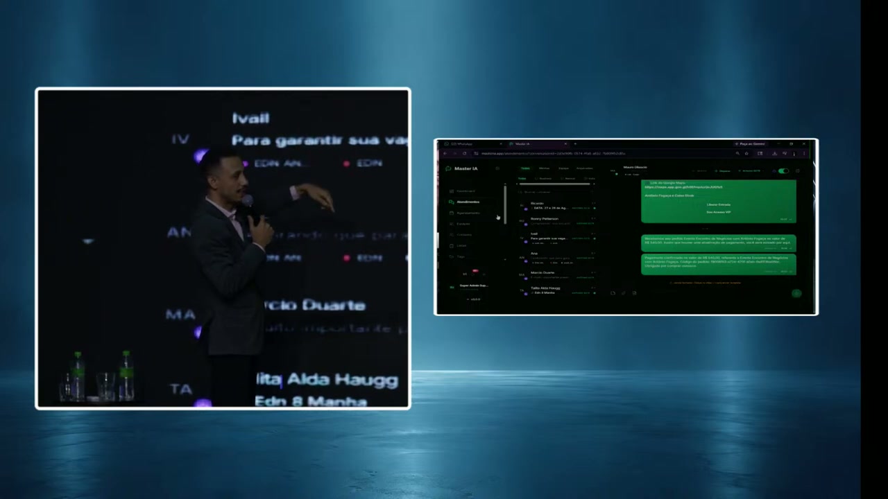 Diego apresenta o CRM, com a lista de contatos e o histórico de mensagens visíveis ao lado